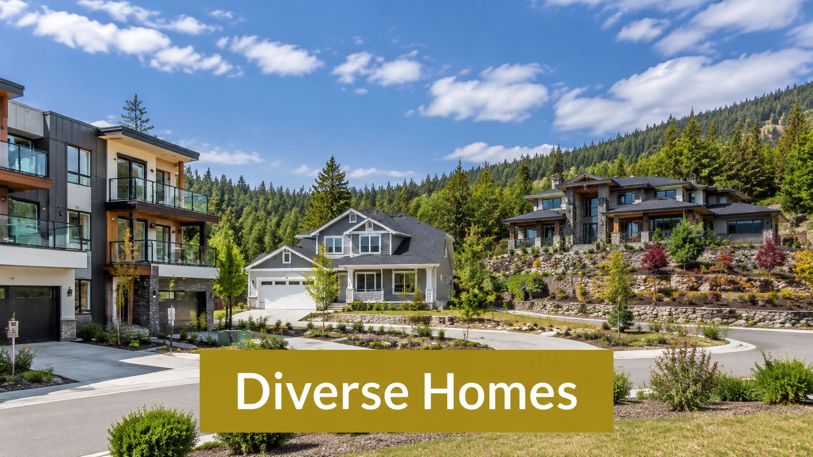 A scenic neighborhood view featuring modern suburban homes and diverse residential architecture set against a forested mountainside.