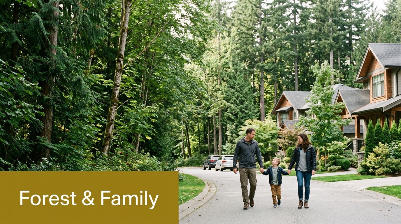 A family of three walking hand-in-hand down a quiet residential street bordered by a lush forest.