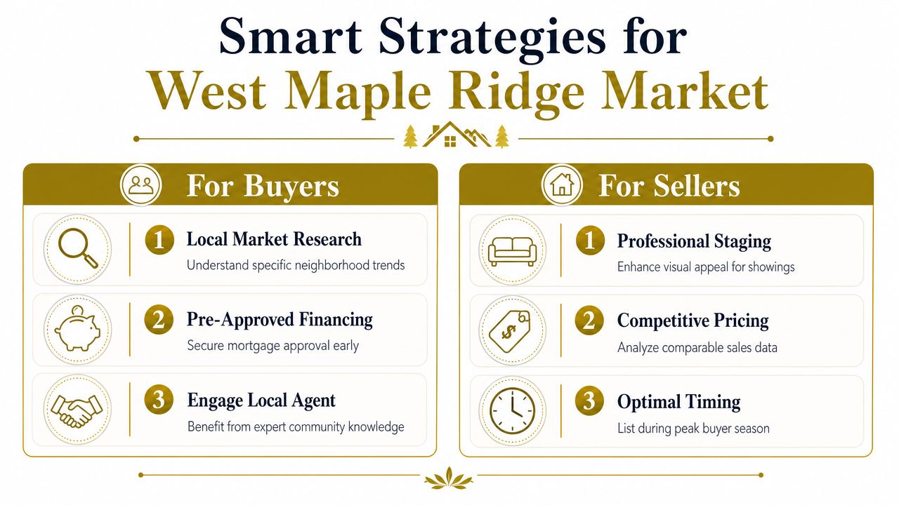 An infographic detailing smart real estate strategies for buyers and sellers in the West Maple Ridge market.