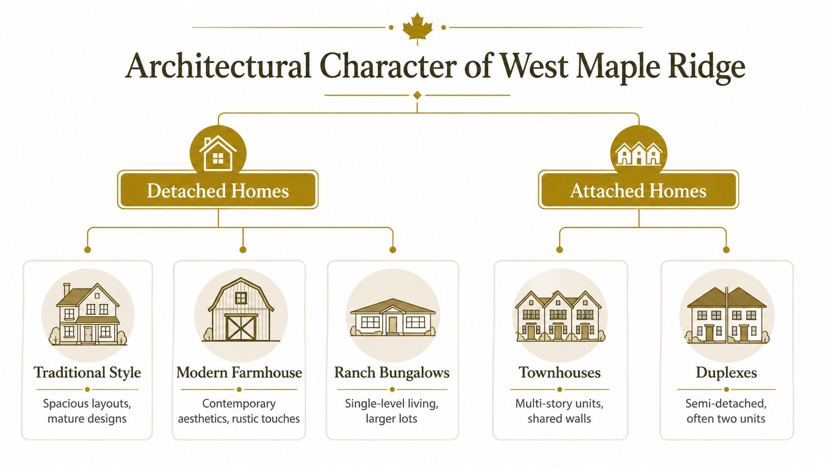 A diagram illustrating the diverse architectural styles of homes in West Maple Ridge, including detached and attached housing.