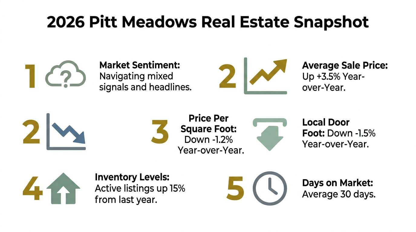 An infographic summarizing the 2026 Pitt Meadows real estate market statistics, including prices, inventory, and market sentiment.