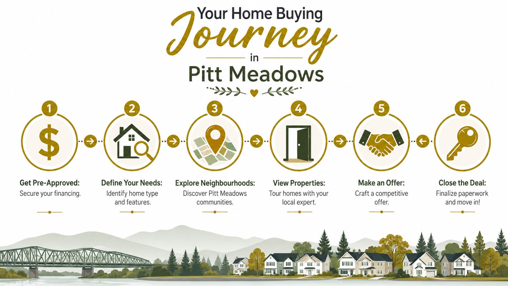 An infographic showing a six-step process for buying a home in Pitt Meadows, British Columbia.