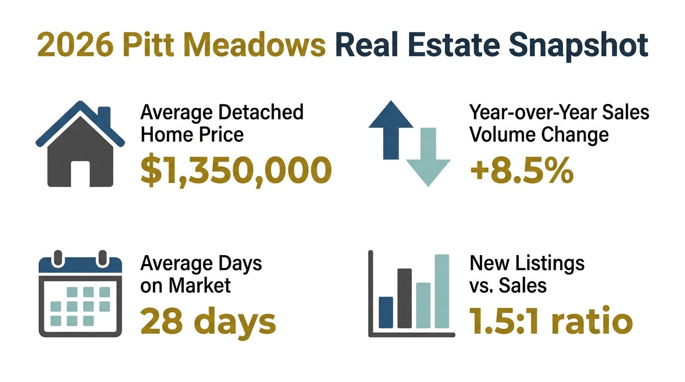 A 2026 real estate infographic for Pitt Meadows showing home prices, sales volume, and market trends.