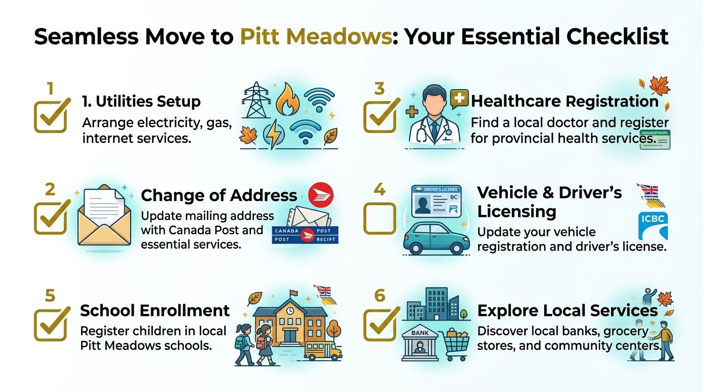 A checklist for moving to Pitt Meadows featuring six essential steps for new residents to complete.