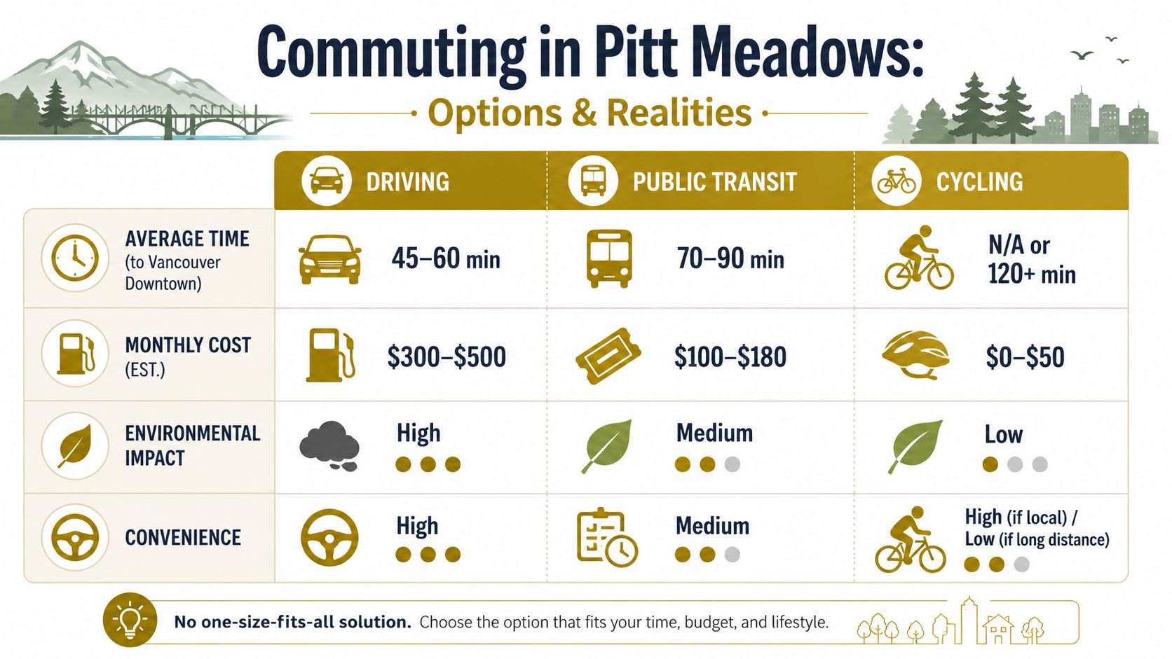 A comparison chart showing commuting options in Pitt Meadows including driving, public transit, and cycling.
