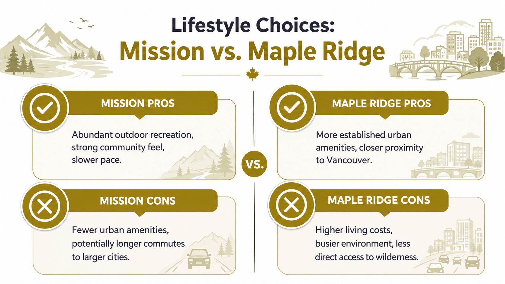A comparison infographic detailing the pros and cons of living in Mission versus Maple Ridge, British Columbia.