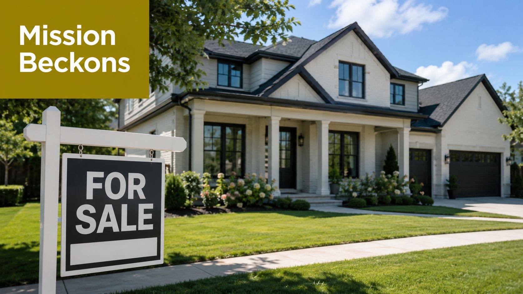 A for sale sign stands on the lawn in front of a modern white suburban house.