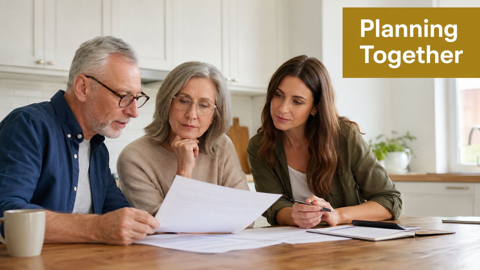 An elderly couple and their adult daughter reviewing financial documents together at a kitchen table.