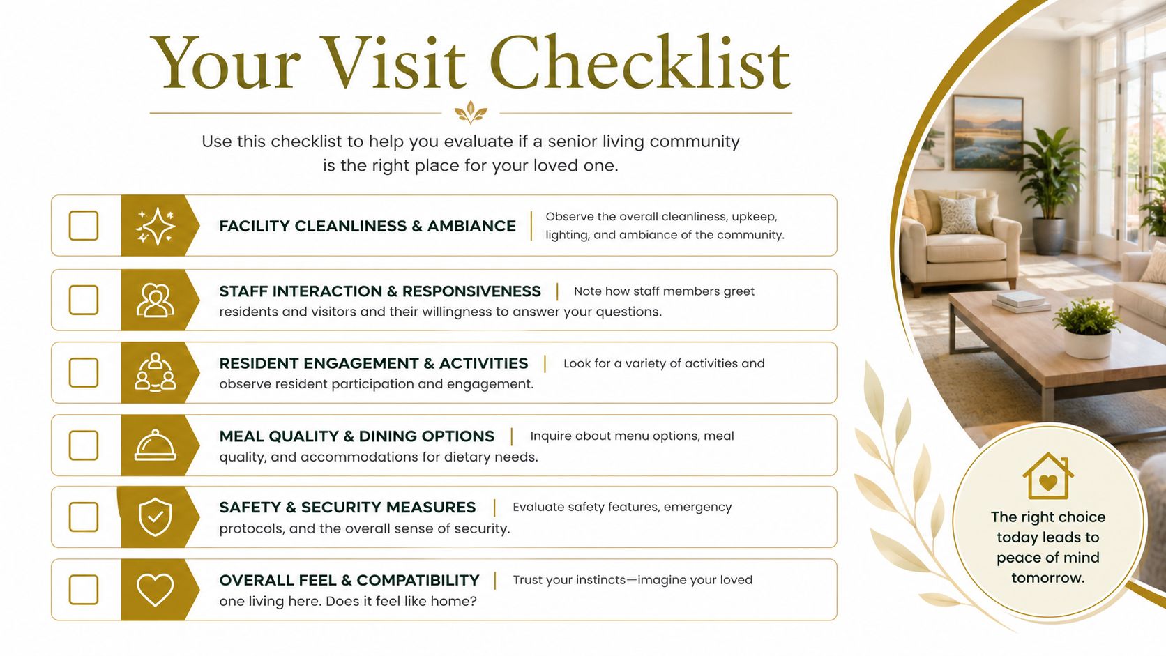 A checklist titled Your Visit Checklist for evaluating senior living communities with criteria to consider during tours.