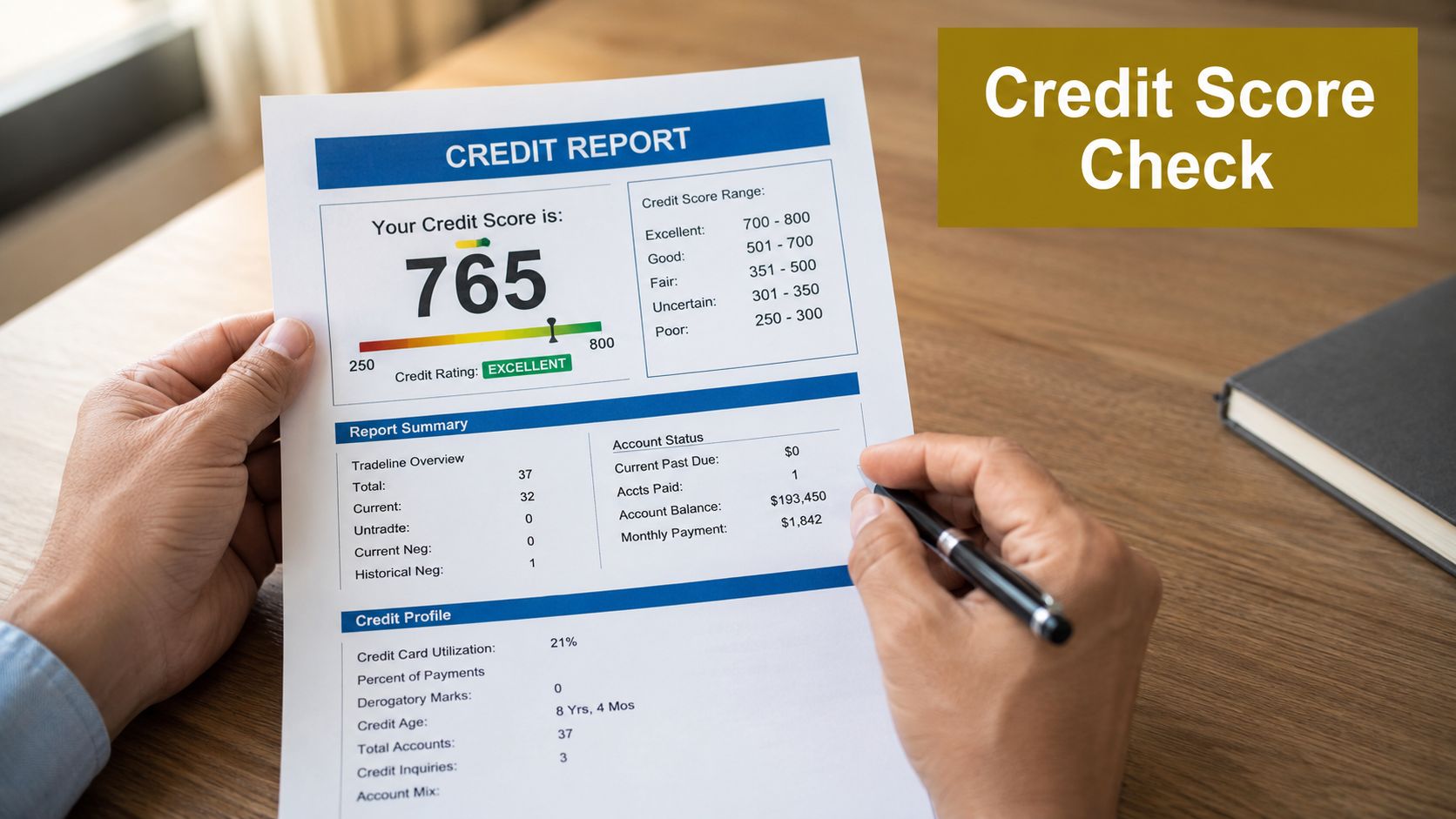 A person holding a credit report document showing an excellent credit score of 765.