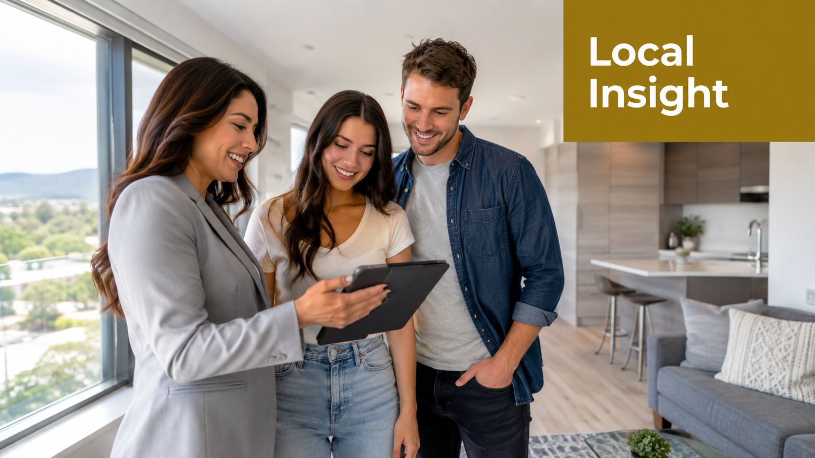A smiling real estate agent shows a tablet to a young couple in a modern apartment.