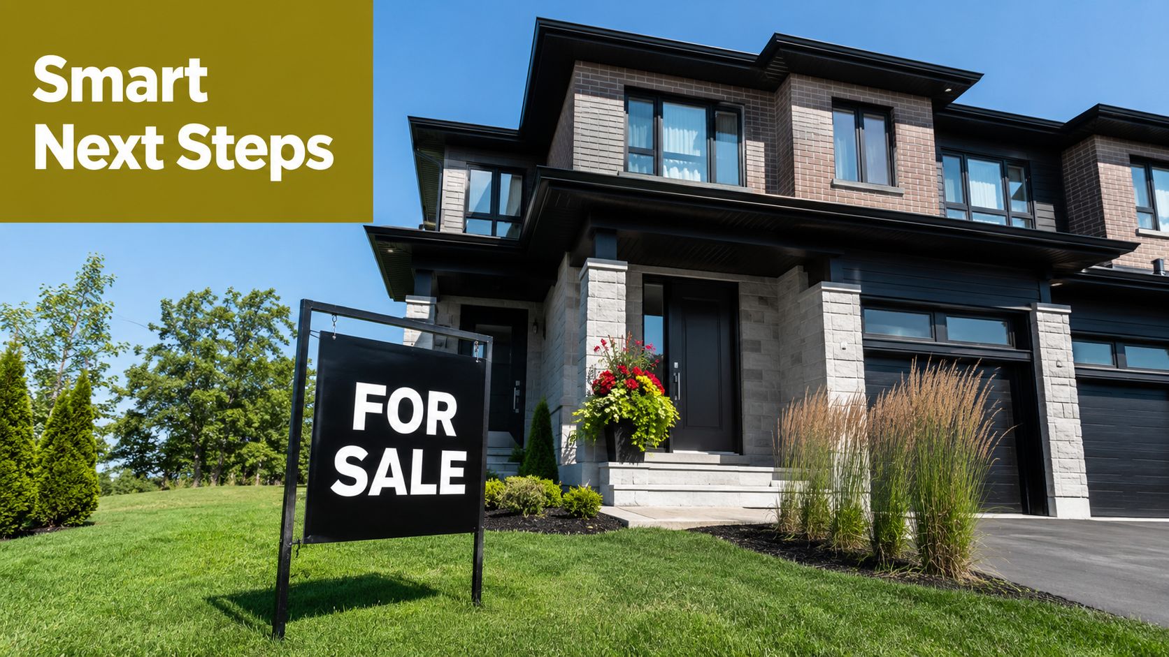A modern townhouse for sale featuring stone facade details, a black front door, and a for sale sign.