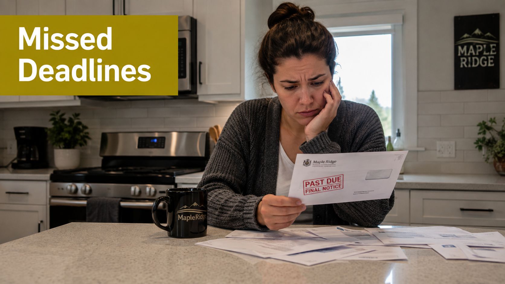 A concerned woman sitting in her kitchen reading a past due final notice from Maple Ridge.