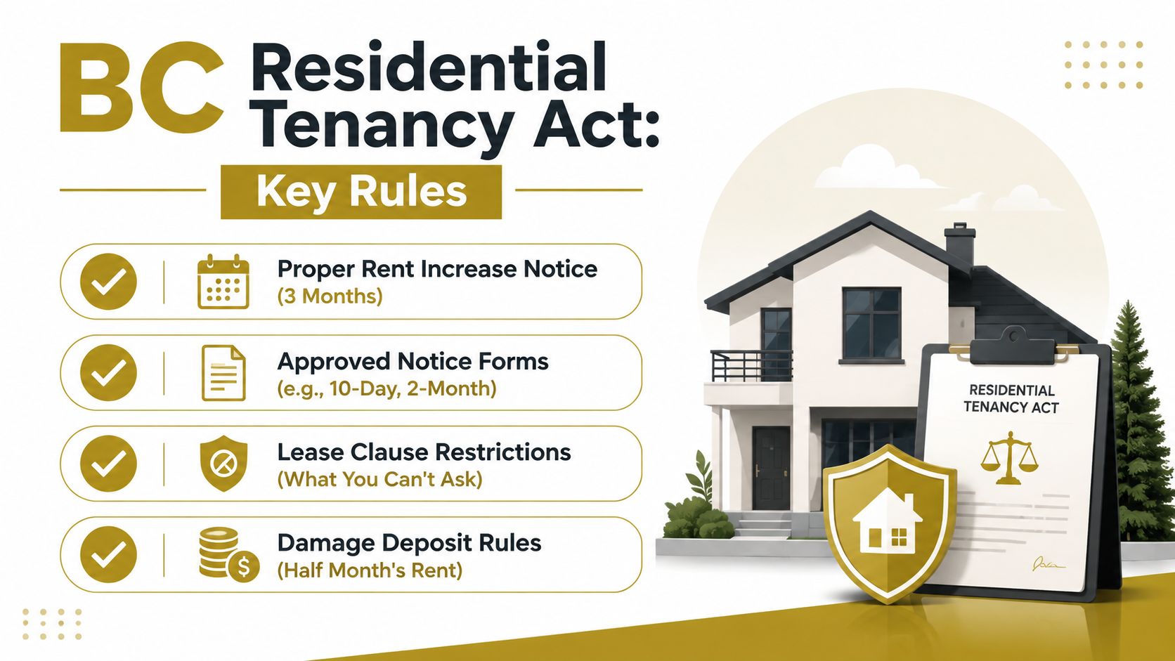 A visual guide summarizing key rules of the British Columbia Residential Tenancy Act for landlords and tenants.