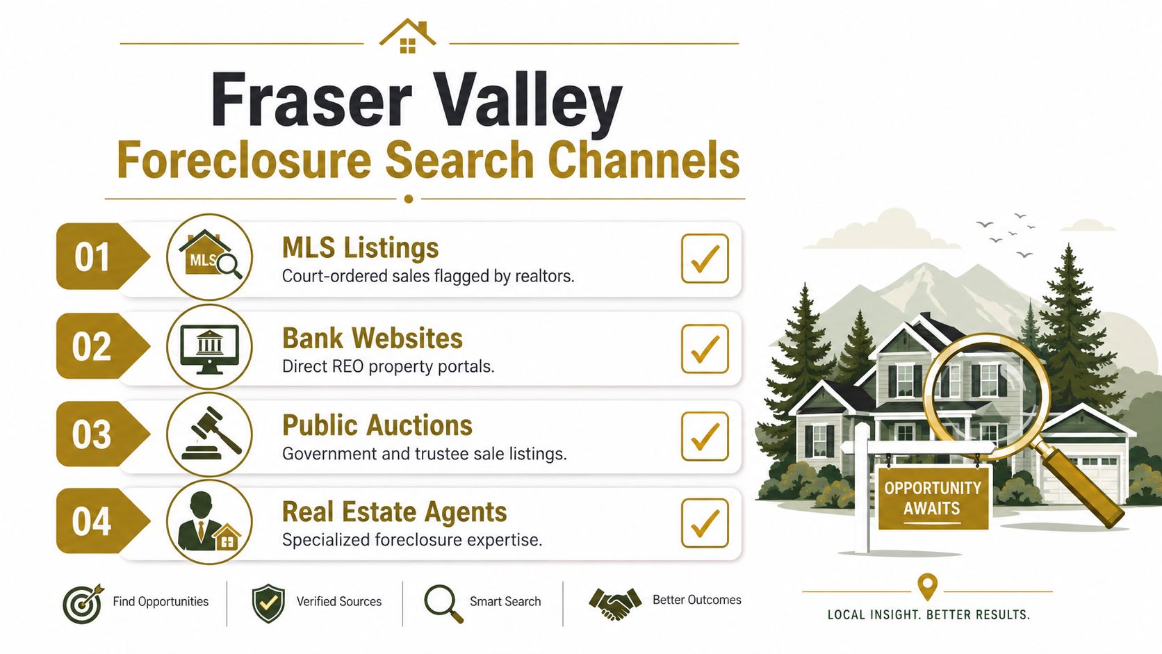 An infographic detailing four main channels for finding foreclosure listings in the Fraser Valley region.