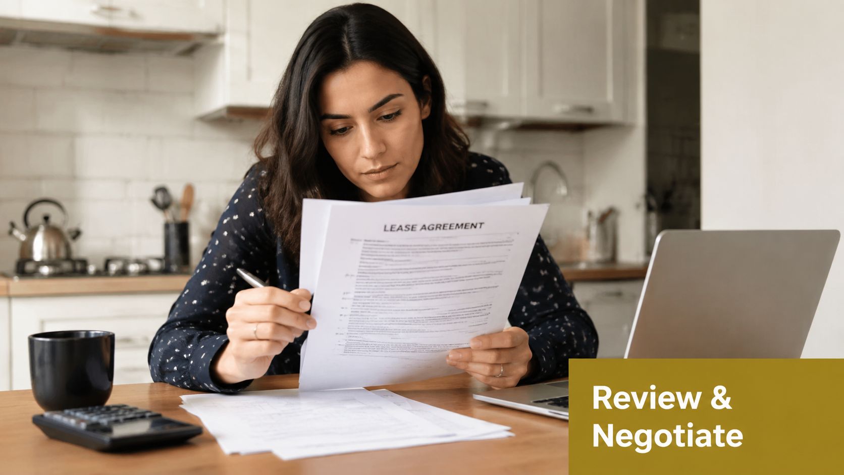 A focused woman reviews a lease agreement document at a wooden desk with a laptop and calculator.