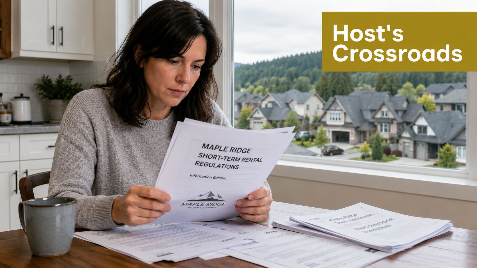 A woman sits at a table reading Maple Ridge short-term rental regulation documents in her kitchen.