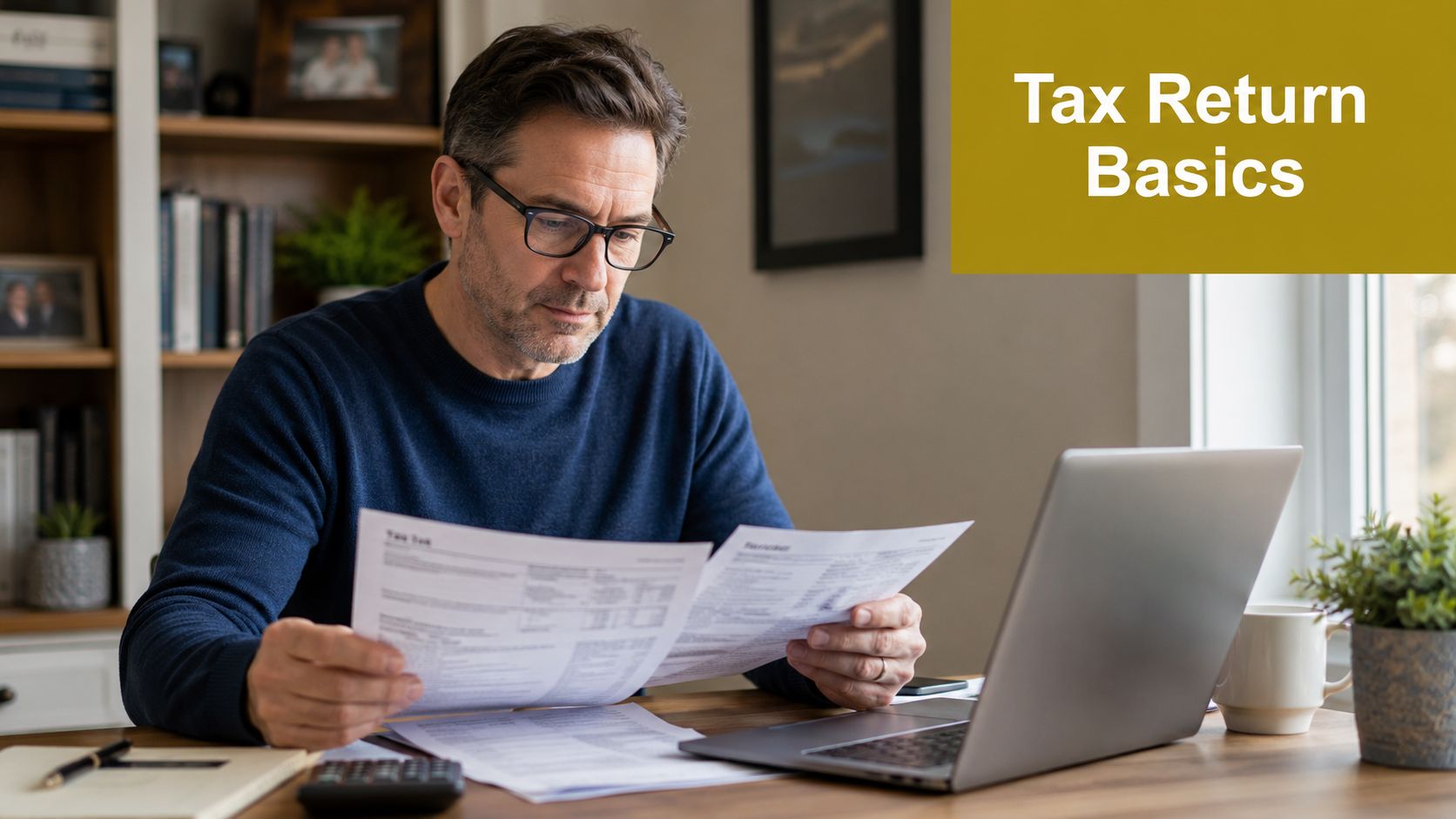 A man wearing glasses sitting at a desk reviewing tax documents while using a laptop computer.