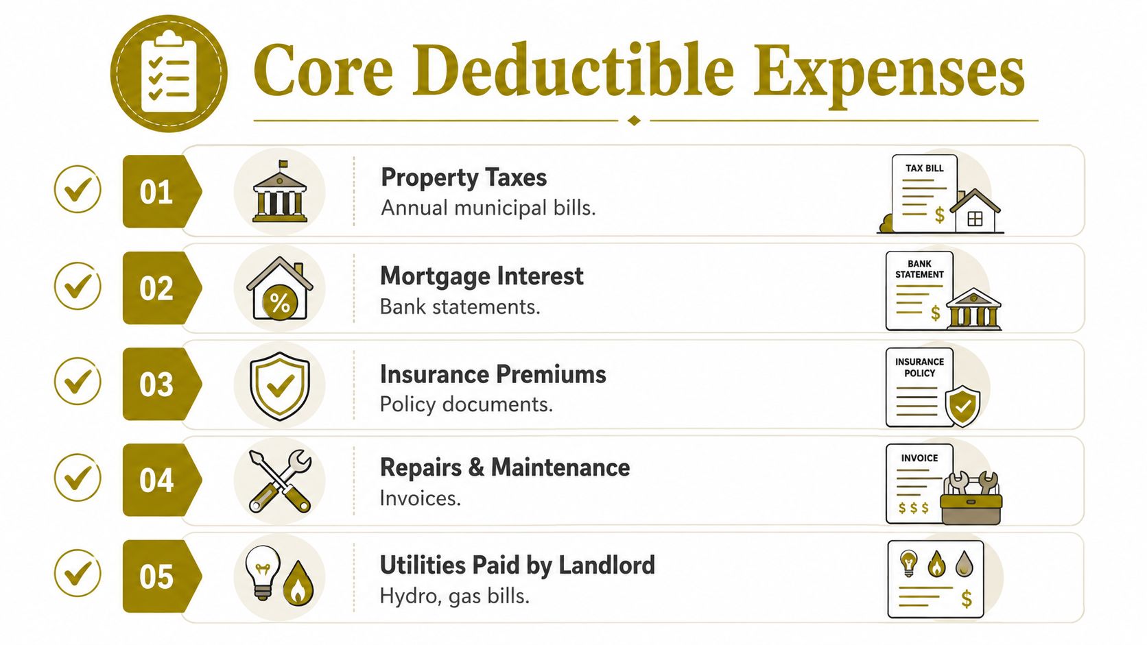 An infographic showing five core deductible expenses for rental property owners including taxes, interest, insurance, maintenance, and utilities.