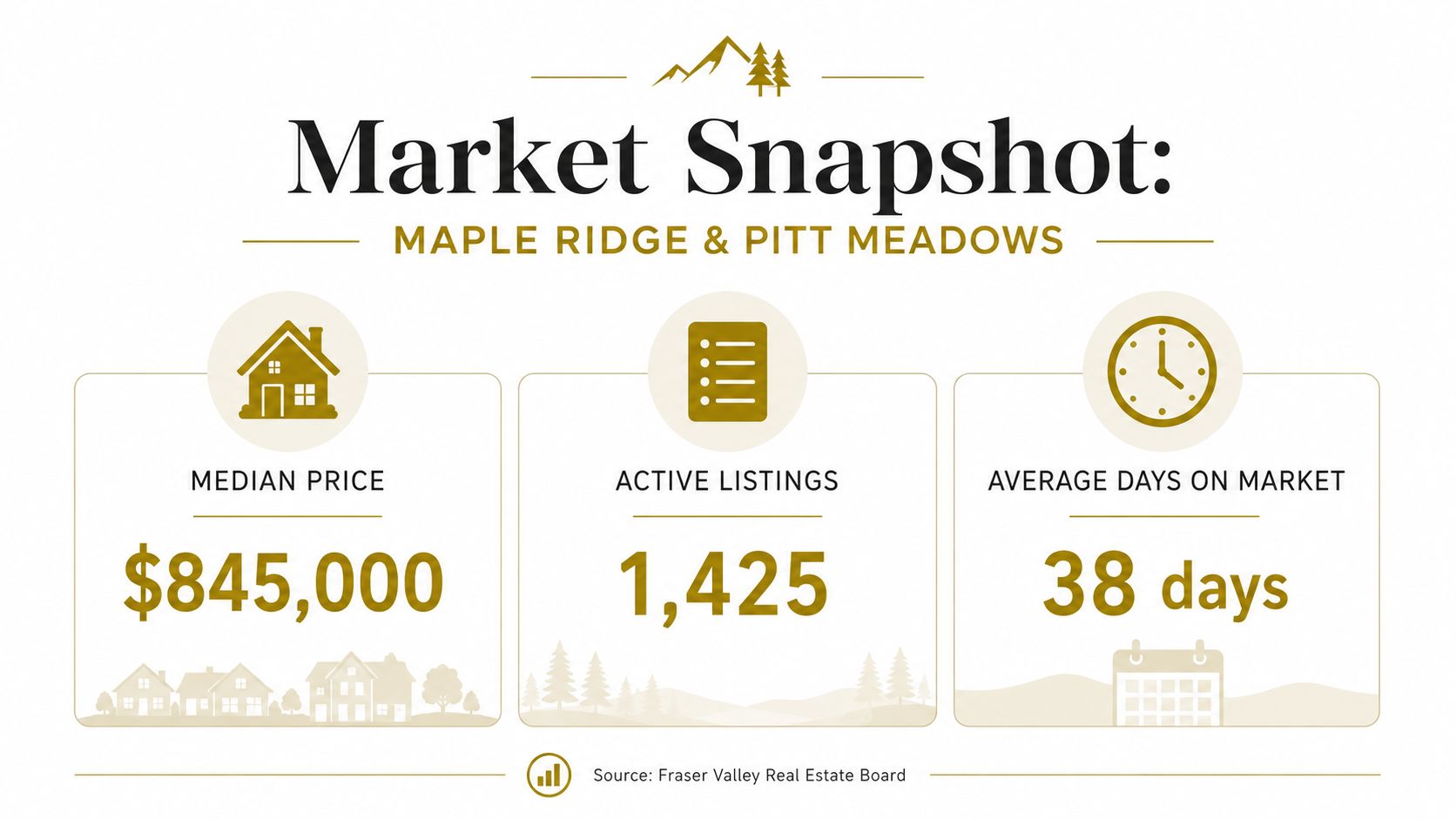 A real estate market snapshot infographic for Maple Ridge and Pitt Meadows showing price, listing, and duration statistics.