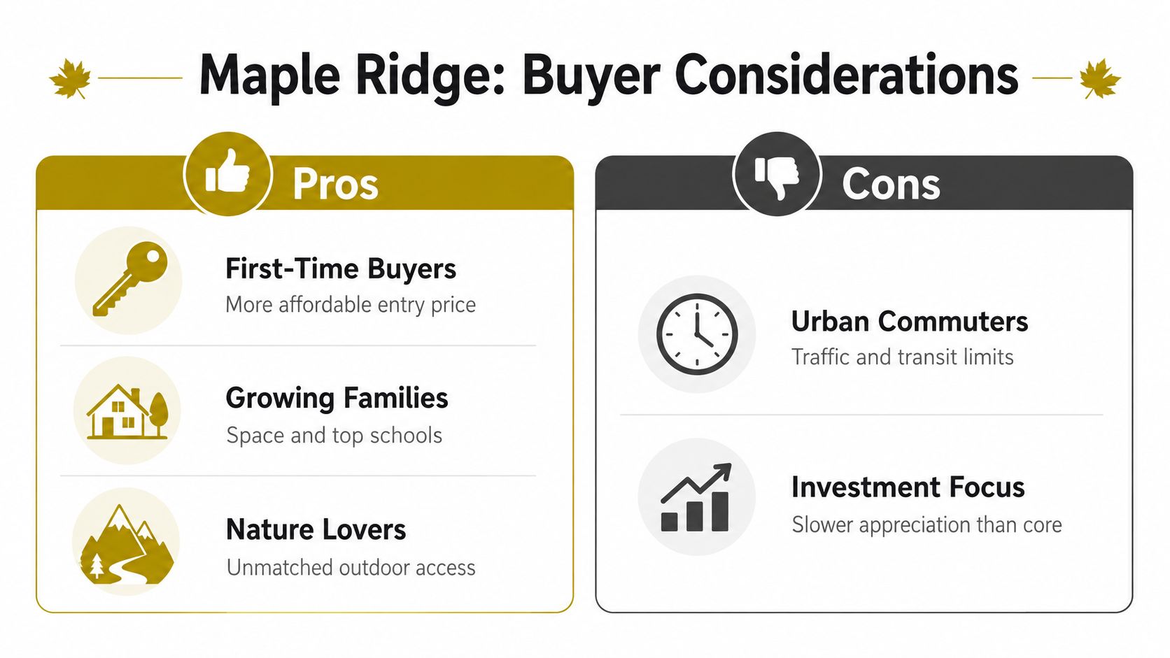 A comparison chart showing pros and cons of living in Maple Ridge for potential home buyers.