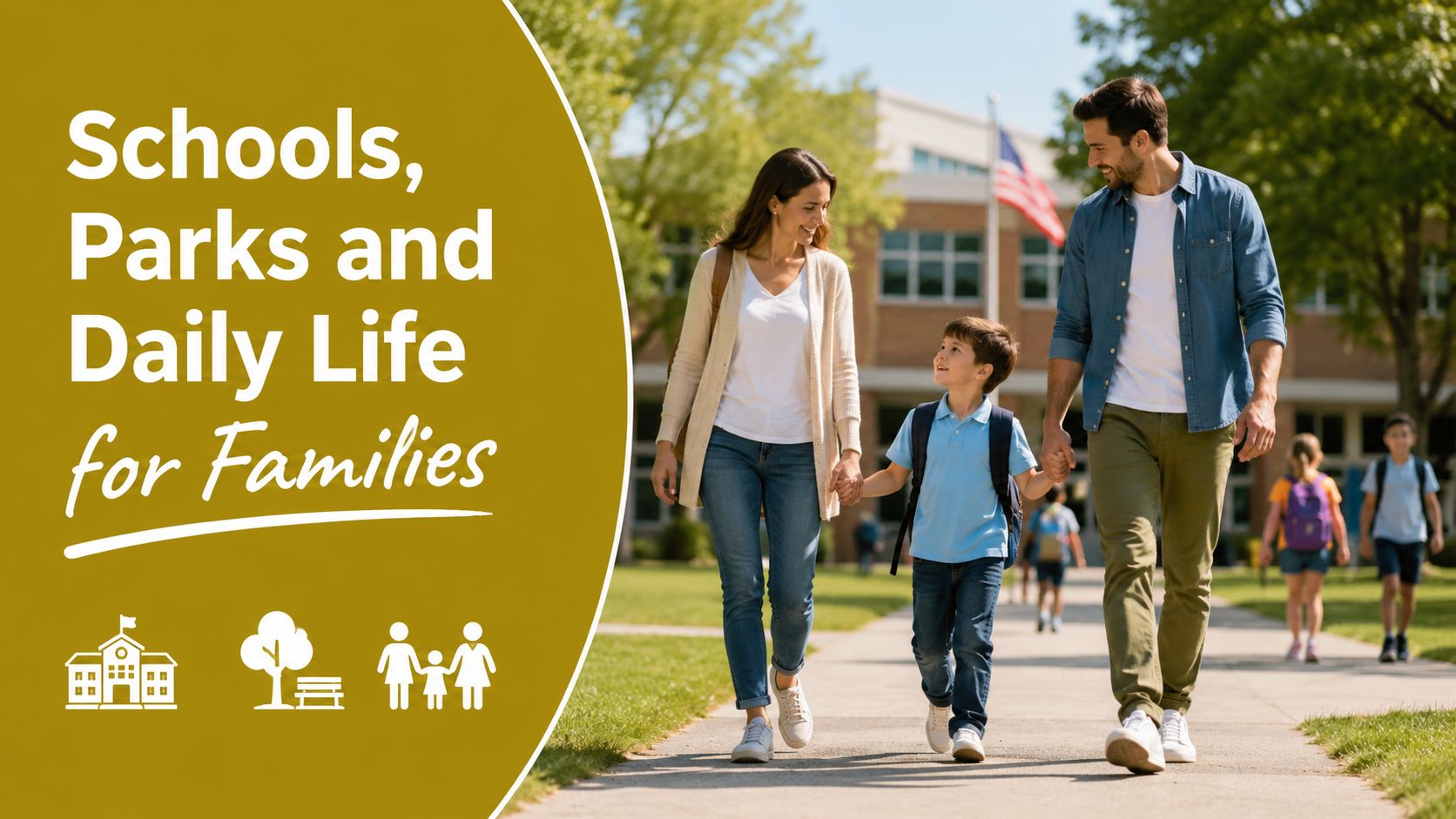 A family walking towards a school building, representing community lifestyle, education, and family living in Maple Ridge.