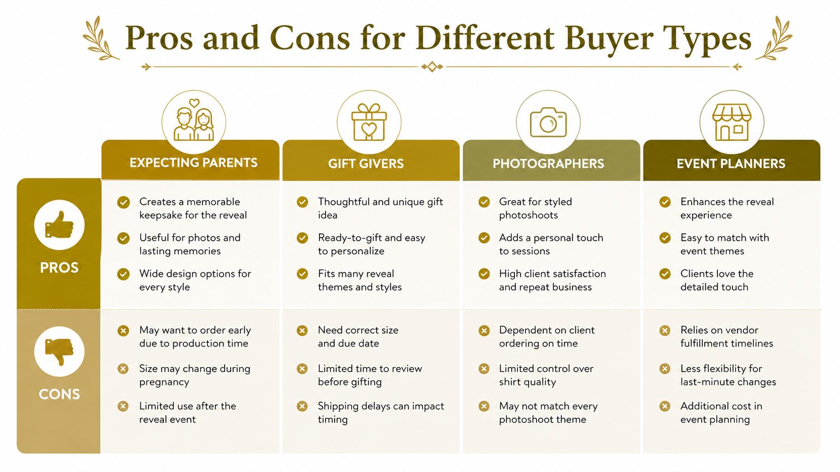 A comparison chart outlining the pros and cons of purchasing reveal products for expecting parents, gift givers, photographers, and event planners.