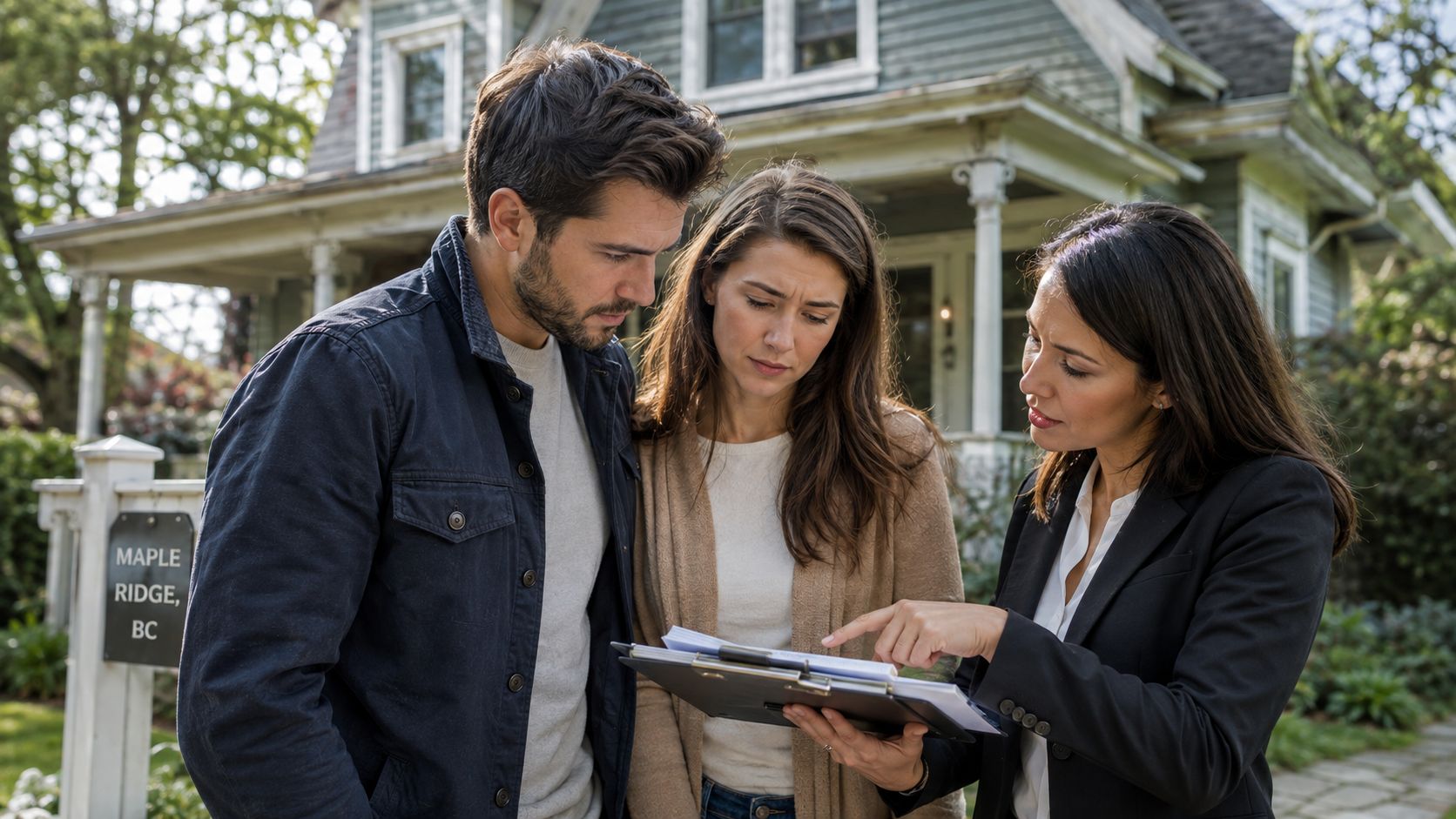 A real estate agent reviews documents with a couple standing outside a house in Maple Ridge, BC.