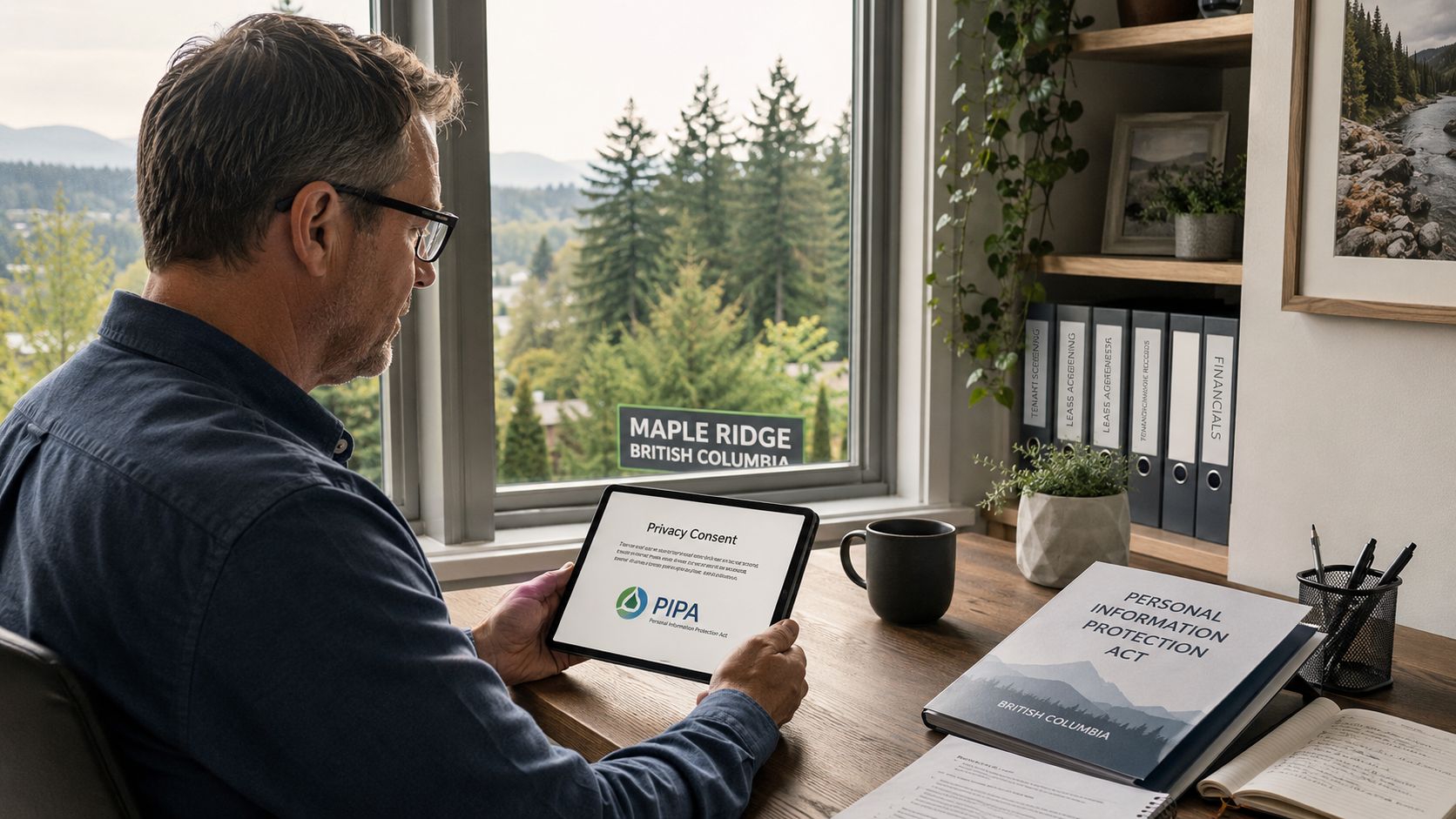 A man in a home office reviews privacy consent documents related to British Columbia tenant screening services.