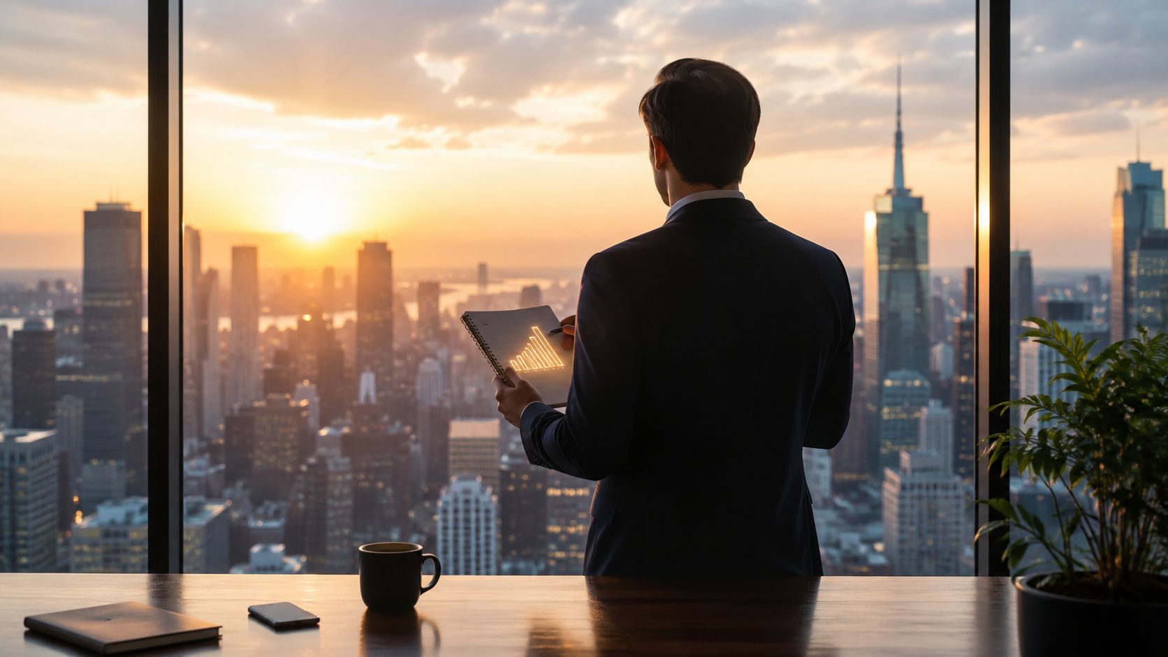 A businessman in a suit looks out of a high-rise office window at a sunset city skyline.