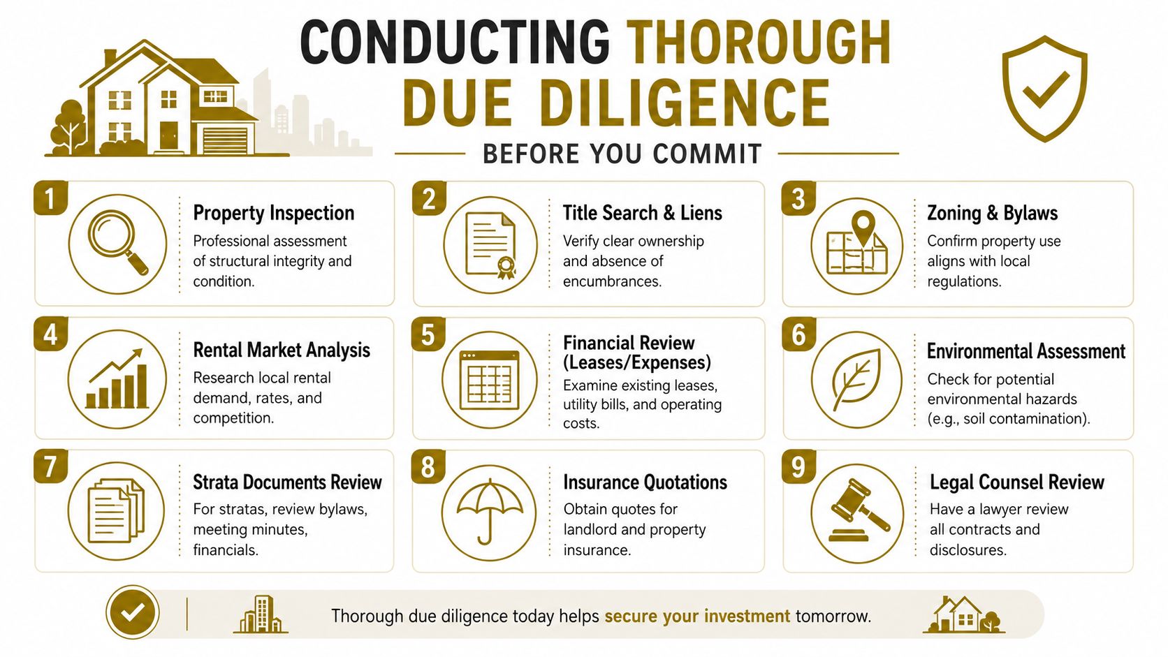 An infographic titled Conducting Thorough Due Diligence listing nine steps to verify before buying an investment property.