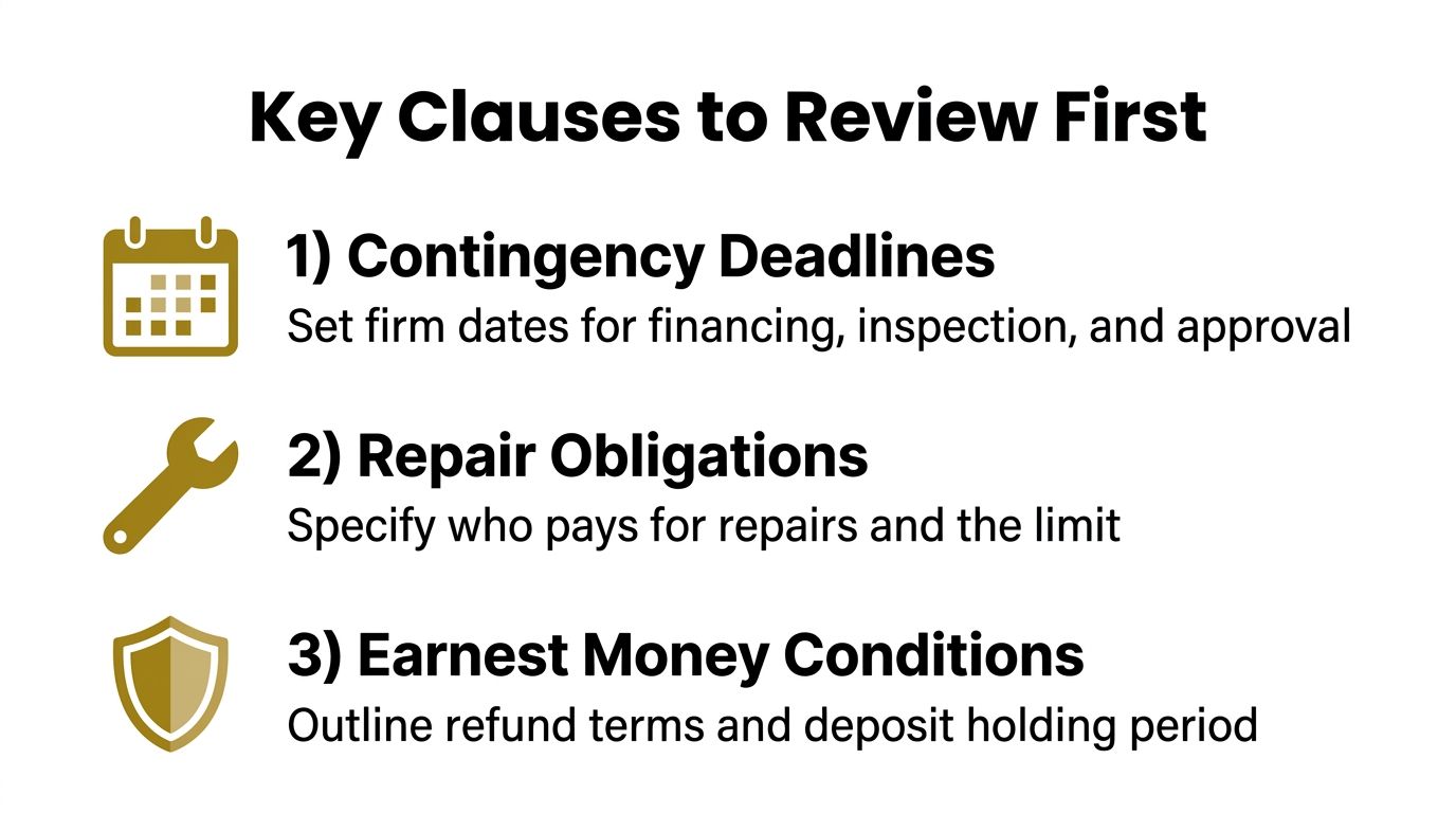 A graphic highlighting three essential real estate contract clauses: contingency deadlines, repair obligations, and earnest money conditions.