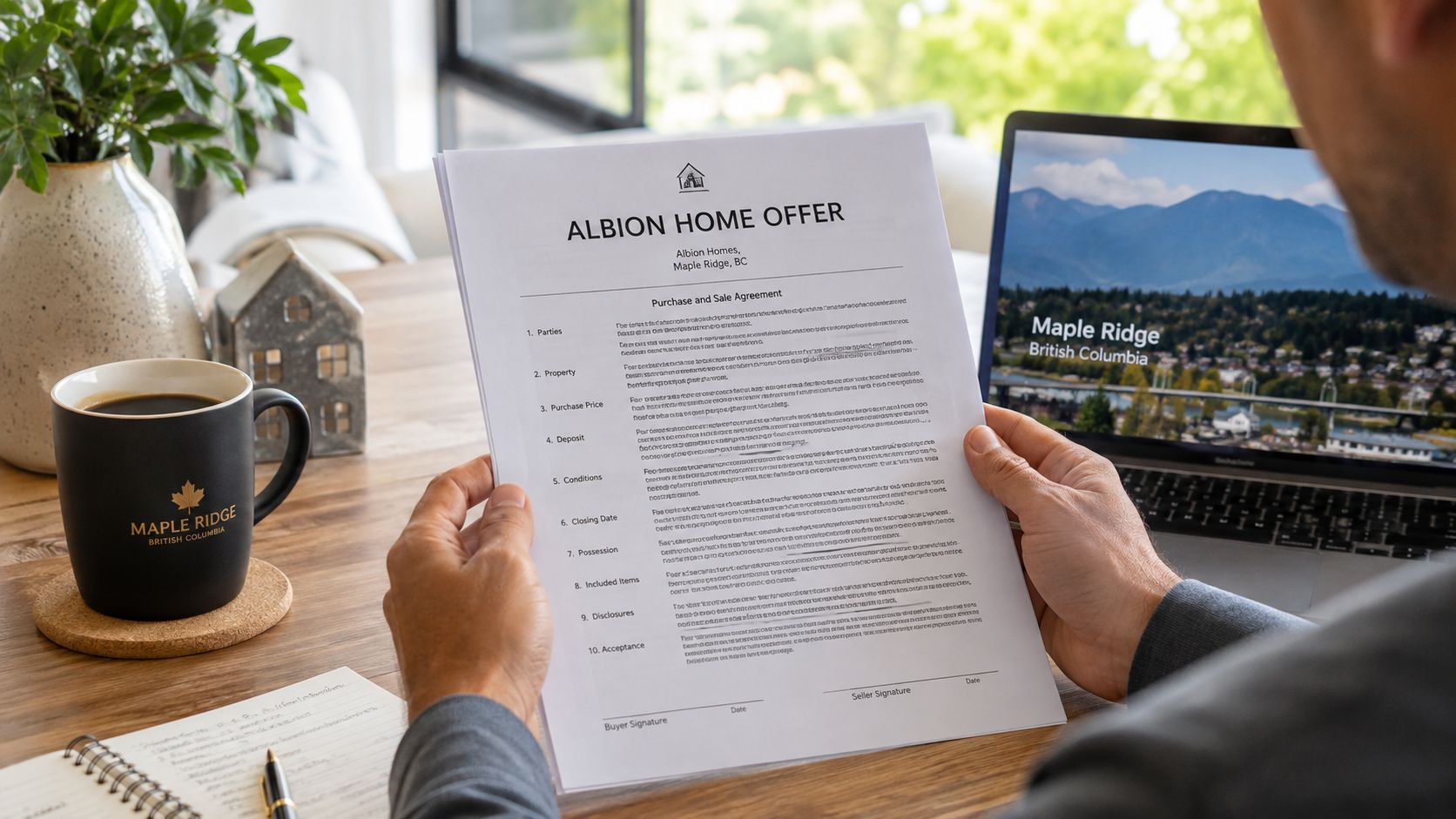 A person reviewing a real estate purchase and sale agreement at a desk with a laptop.