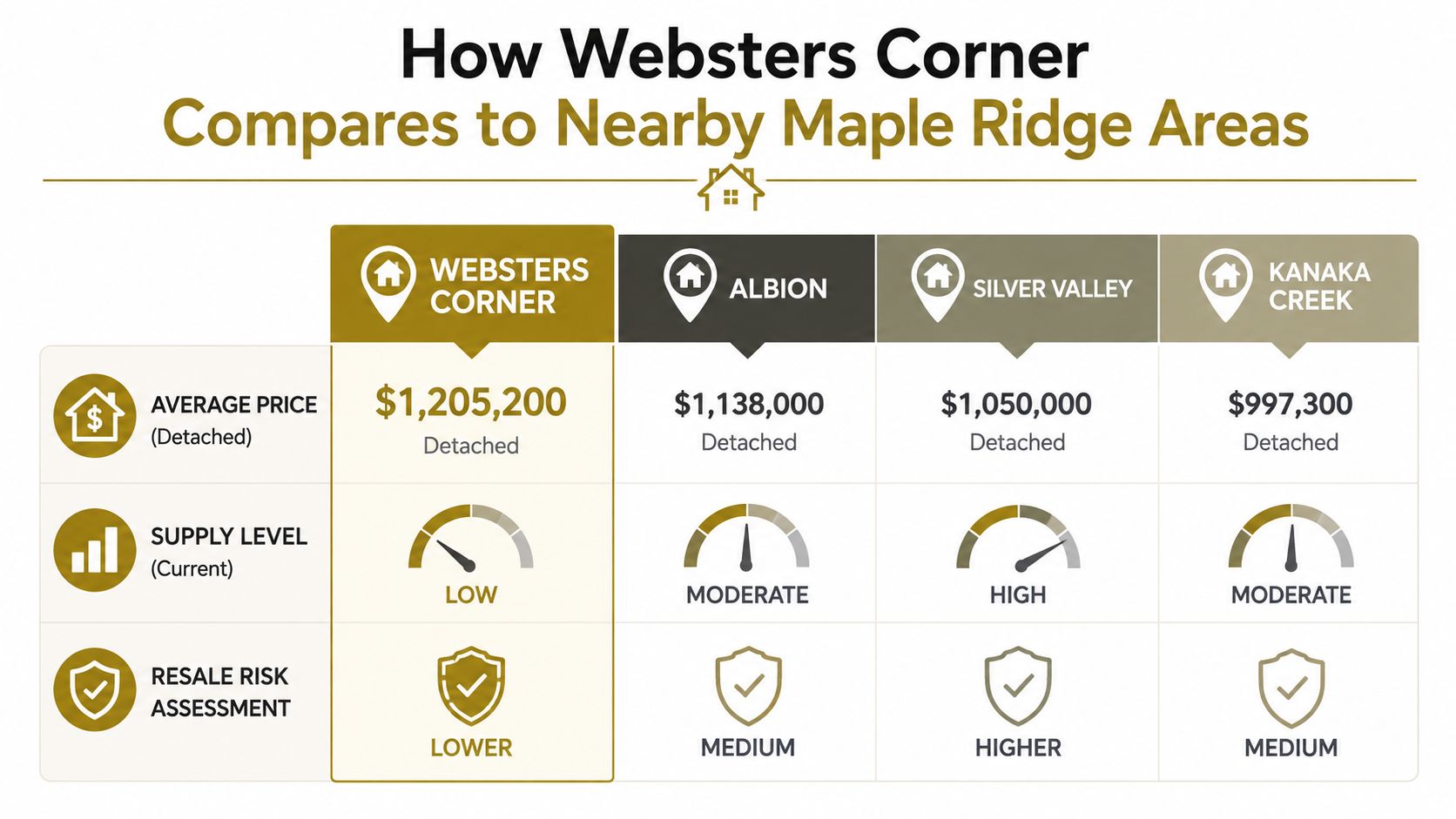 A comparison chart showing average home prices, supply levels, and resale risks for Websters Corner, Albion, Silver Valley, and Kanaka Creek.