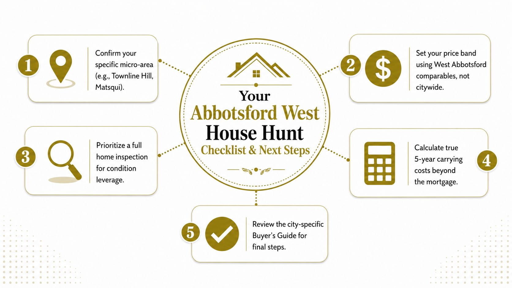 An infographic checklist for a house hunt in Abbotsford West with five numbered steps for prospective buyers.