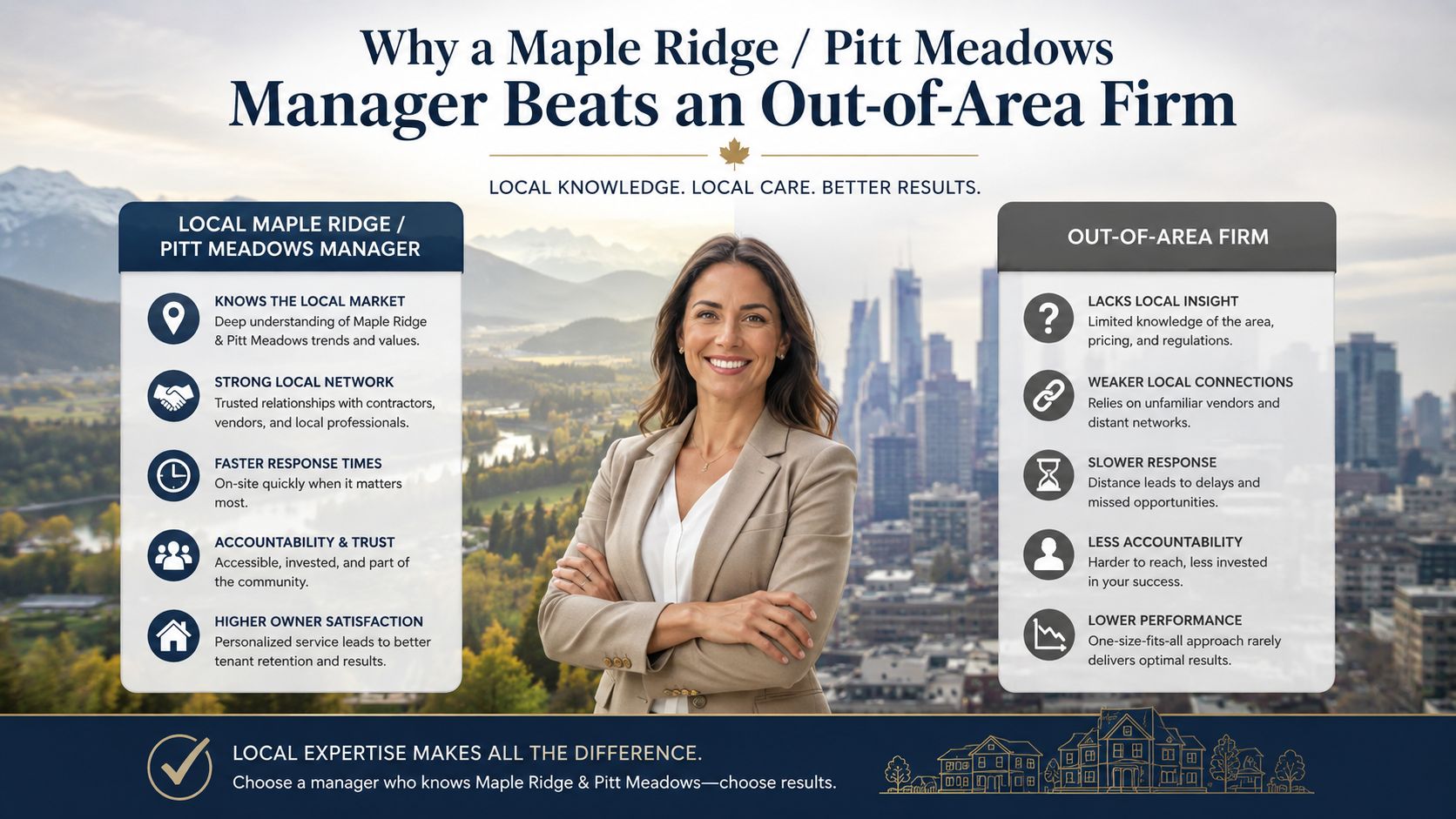 A professional woman standing in front of a comparison chart between local and out-of-area property managers.