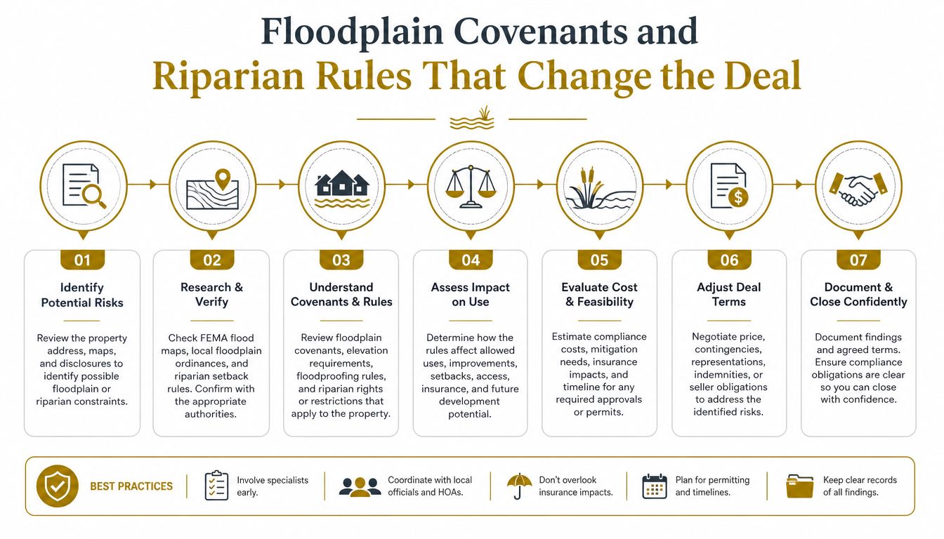 A process infographic illustrating seven steps for navigating floodplain covenants and riparian rules for property transactions.