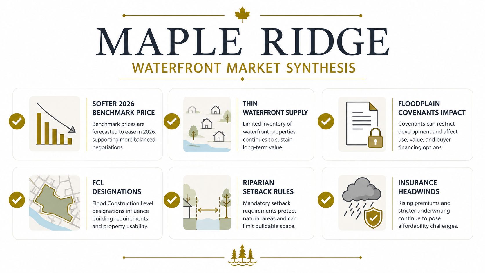 An infographic summarizing the Maple Ridge waterfront market, featuring key insights on prices, supply, and land use regulations.