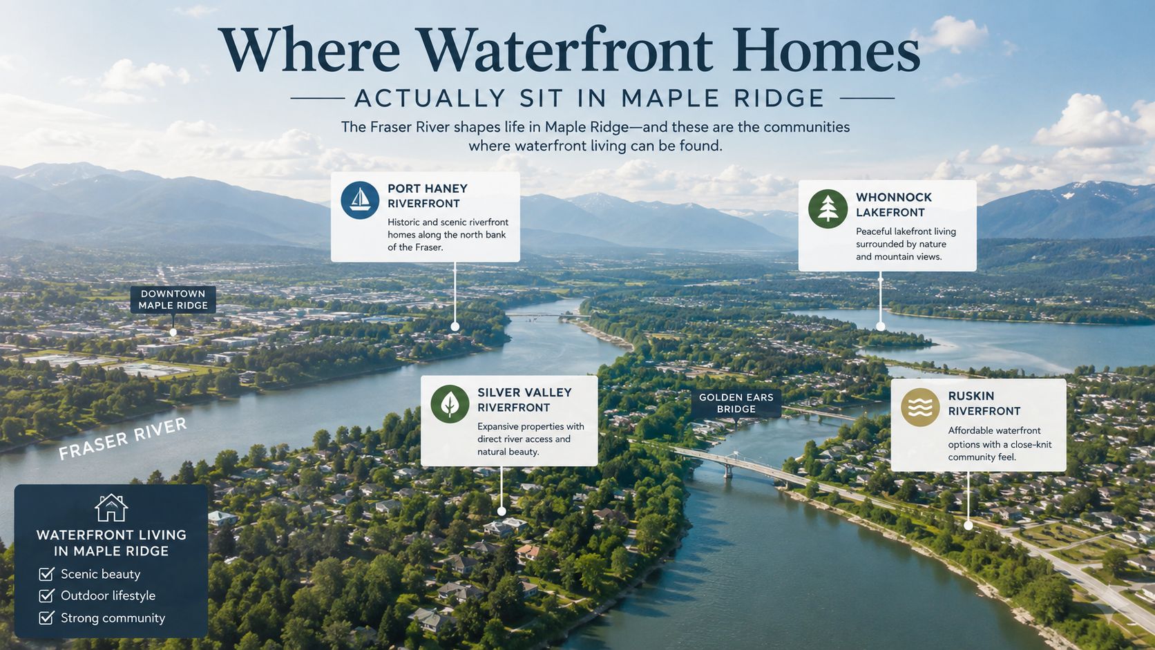 An aerial view of Maple Ridge highlighting various waterfront residential neighborhoods along the Fraser River and lakefront areas.