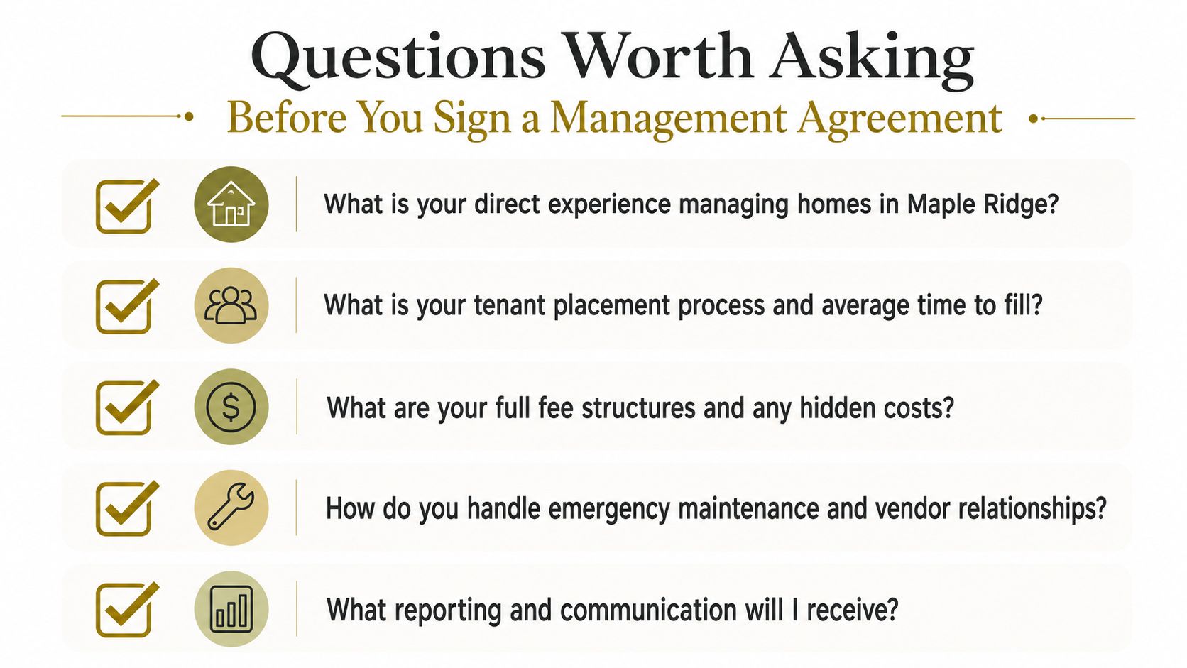 A checklist infographic titled Questions Worth Asking Before You Sign a Management Agreement for property owners.