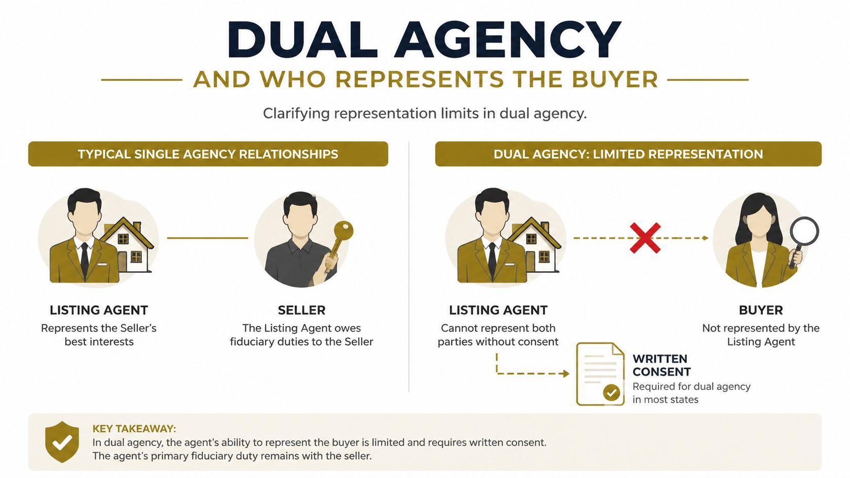 An infographic illustrating dual agency in real estate, comparing single agency relationships with limited dual agency representation.