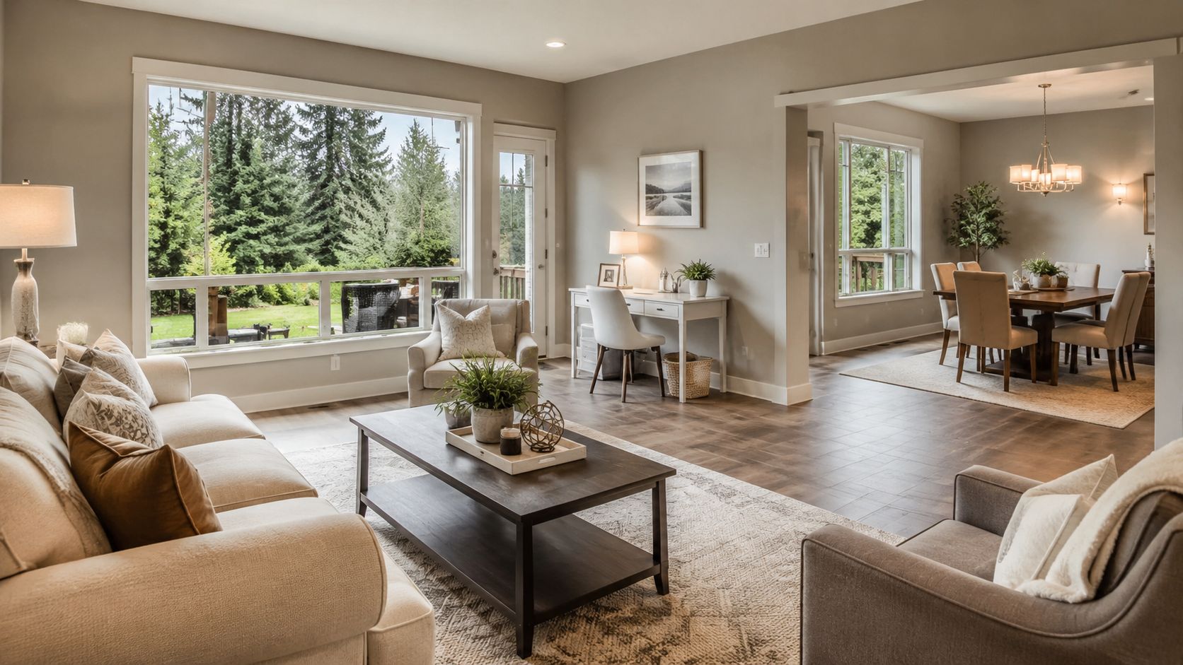 A bright, airy living room with open floor plan, neutral decor, and a view of lush greenery.