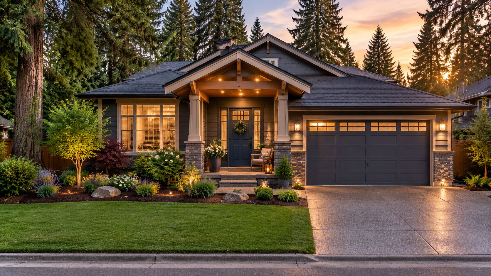 A beautiful contemporary suburban house at dusk with warm exterior lighting and a manicured front lawn.