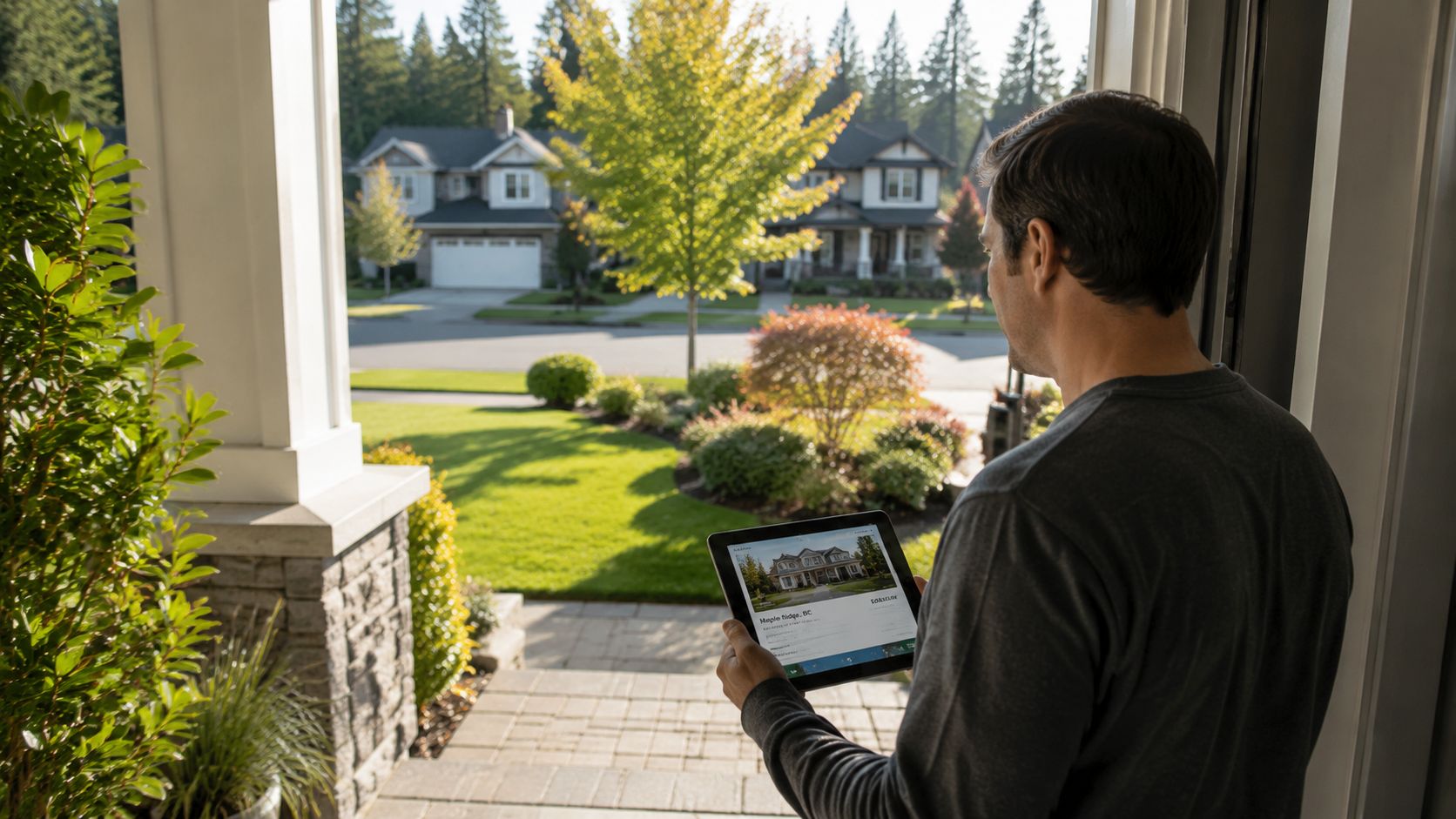 A man standing in a doorway checking property listing details on a digital tablet at home.