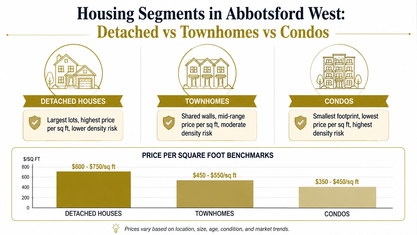 A comparison chart showing price ranges for detached houses, townhomes, and condos in Abbotsford West.