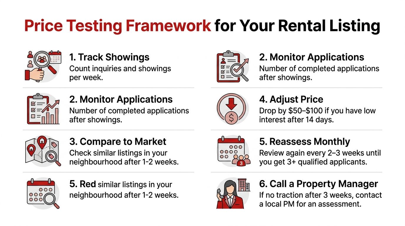 An infographic detailing a six-step framework for rental property owners to test and adjust listing prices.