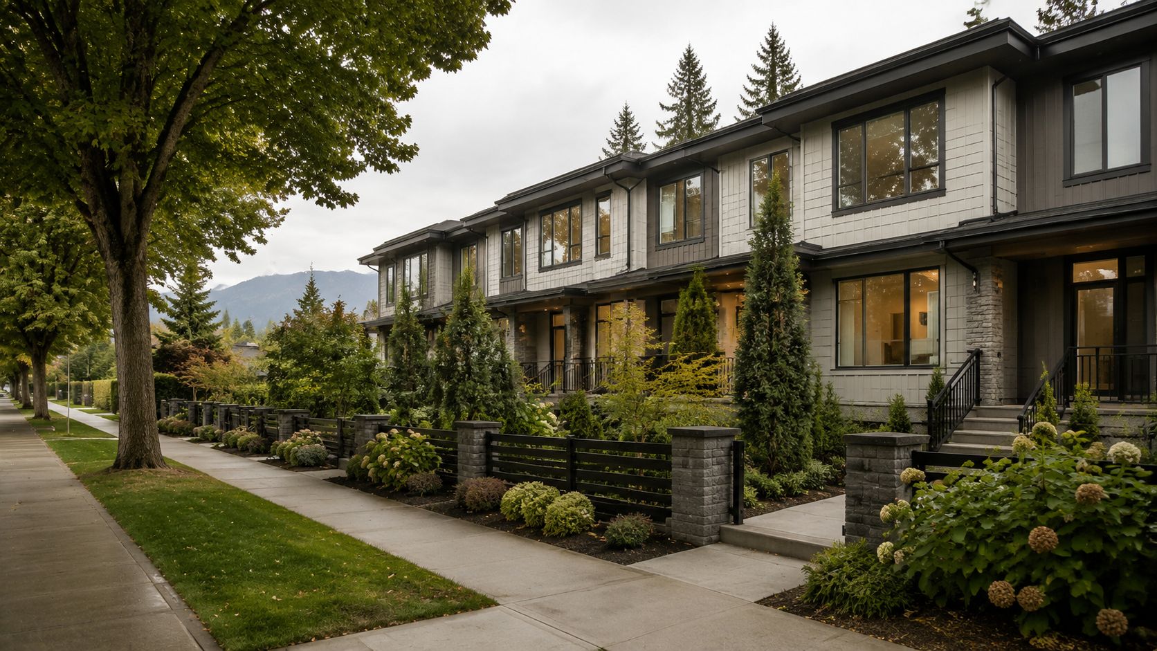 A row of modern multi-family townhomes in Maple Ridge with lush landscaping and mountain views.