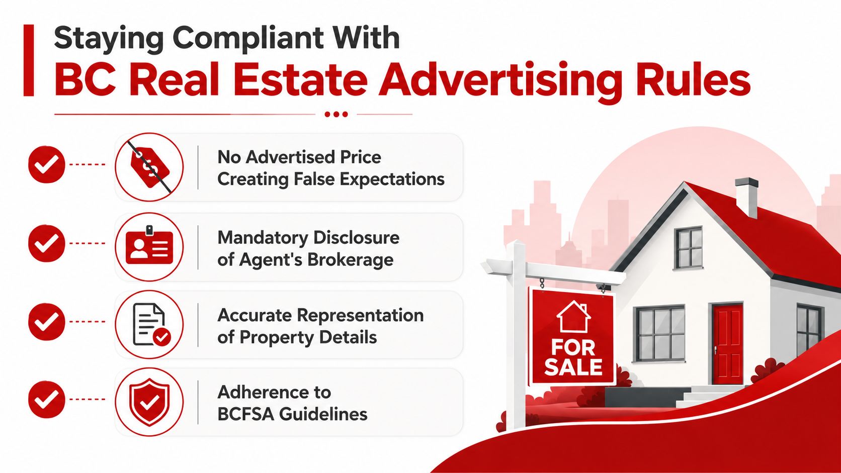 An infographic titled Staying Compliant With BC Real Estate Advertising Rules detailing four key regulatory requirements.
