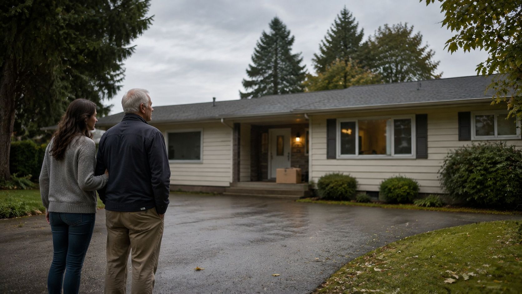 An older couple stands in a driveway looking at their new one-story senior housing property.