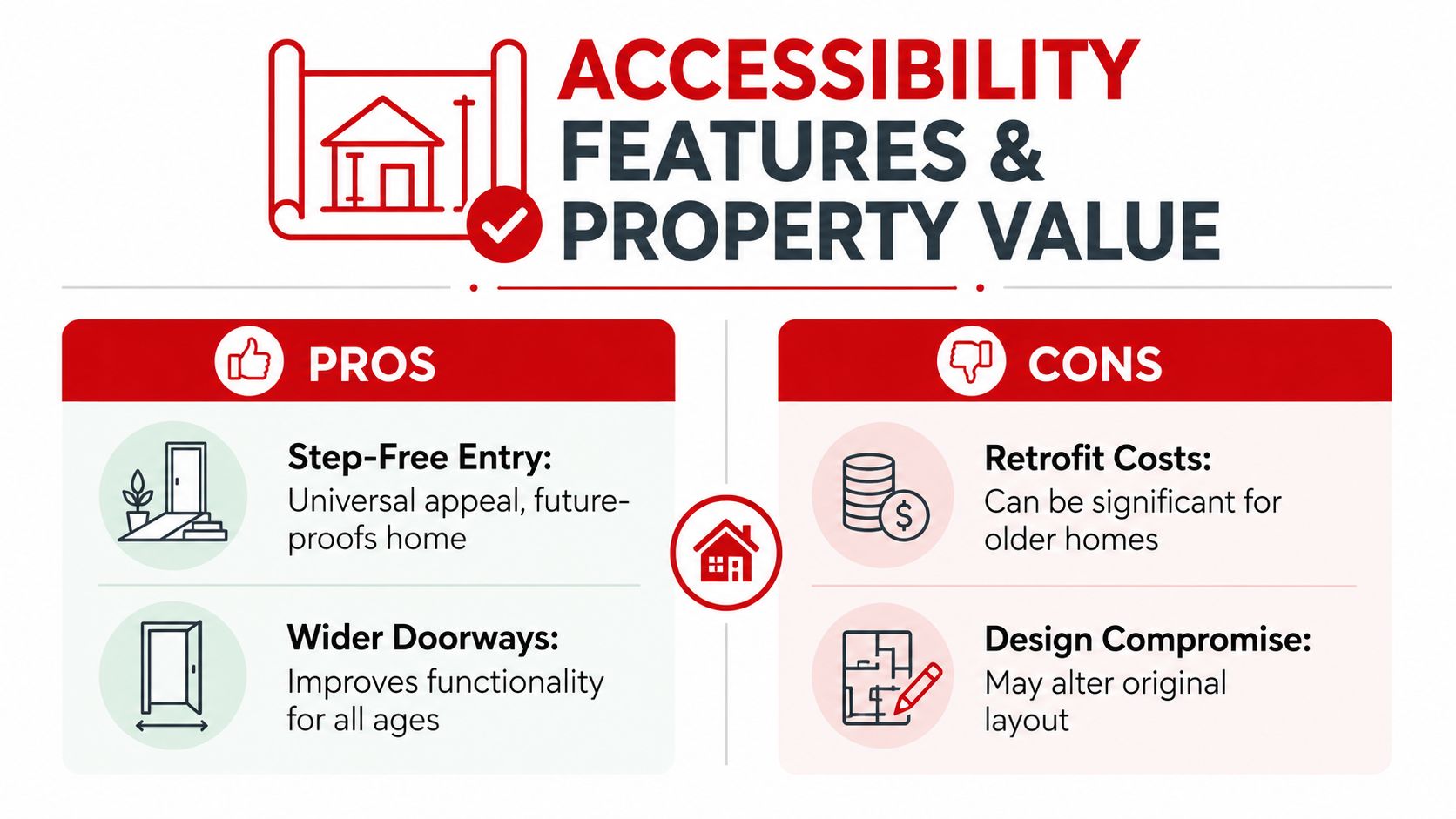 An infographic showing the pros and cons of incorporating accessibility features into residential property design.
